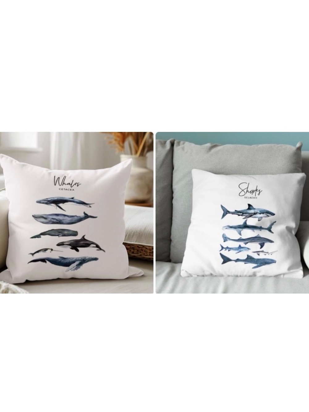NEW Set of 2 Blue & White Whale & Shark Pillow Covers - 18”x18” - Covers Only